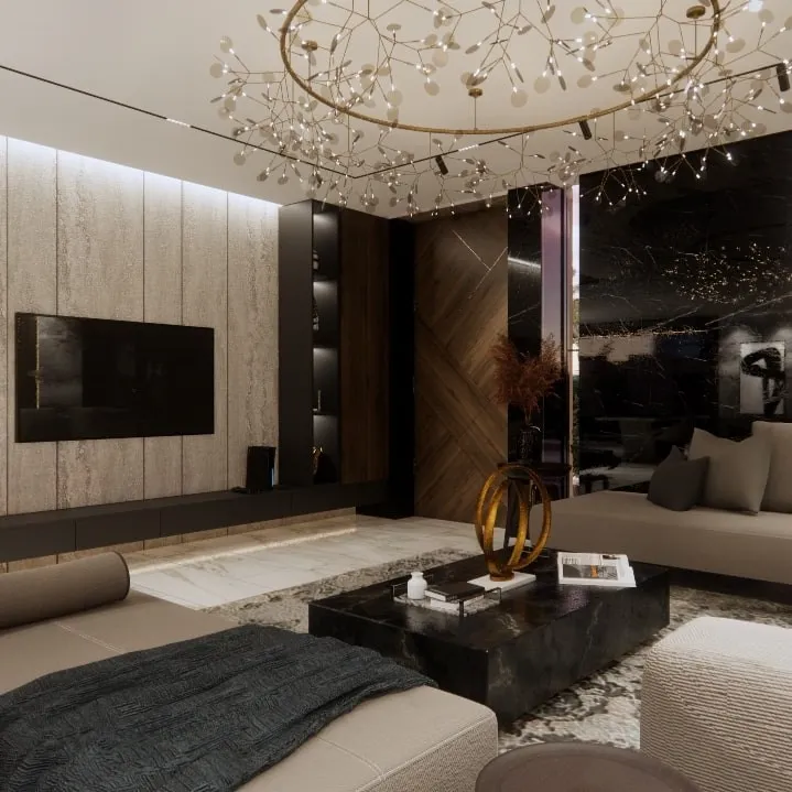 3D-Darstellung eines luxuriösen, modernen Wohnzimmers mit einer Travertin-Marmorwand mit einem Fernseher, einem Couchtisch aus schwarzem Marmor mit einem graubeigen Sofa und einer Deckenlampe aus Kristalltropfen