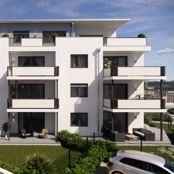 3d visualisierung architektur in München neue bau gebäude weiß mit vier ebenen mit garten terrassen und dachwohnung 01