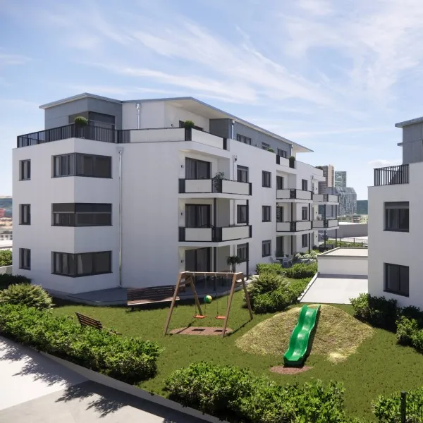 3d visualisierung architektur in München neue bau gebäude weiß mit vier ebenen mit garten terrassen und dachwohnung 03