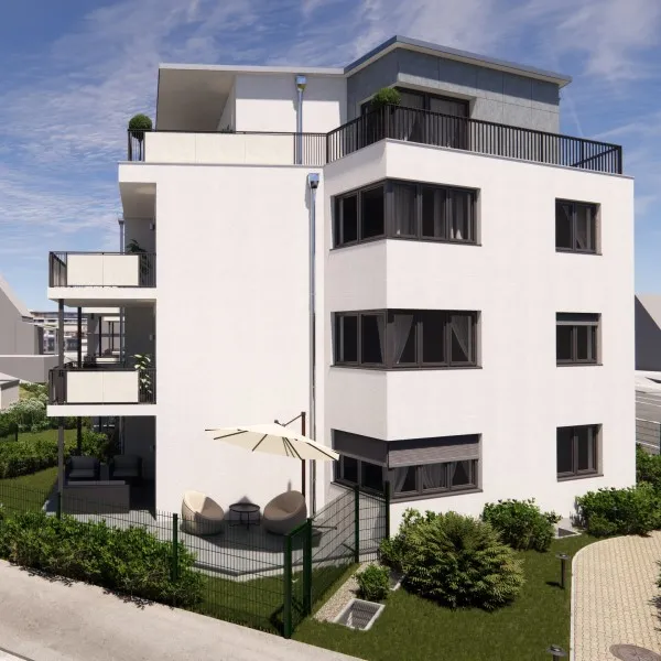 3d visualisierung architektur in München neue bau gebäude weiß mit vier ebenen mit garten terrassen und dachwohnung 05