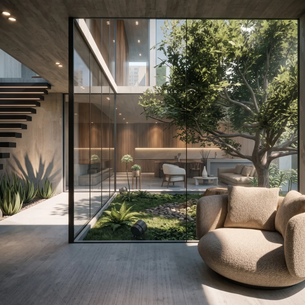 3d visualisierung eines modernen luxuriösen Innenraums mit großflächigen Glaswänden und begrüntem Innenhof. Ein großer Baum, natürliche Pflanzen, Sichtbeton, warme Holzoberflächen und minimalistische Möbel schaffen eine ruhige, elegante Verbindung zwischen Architektur und Natur.