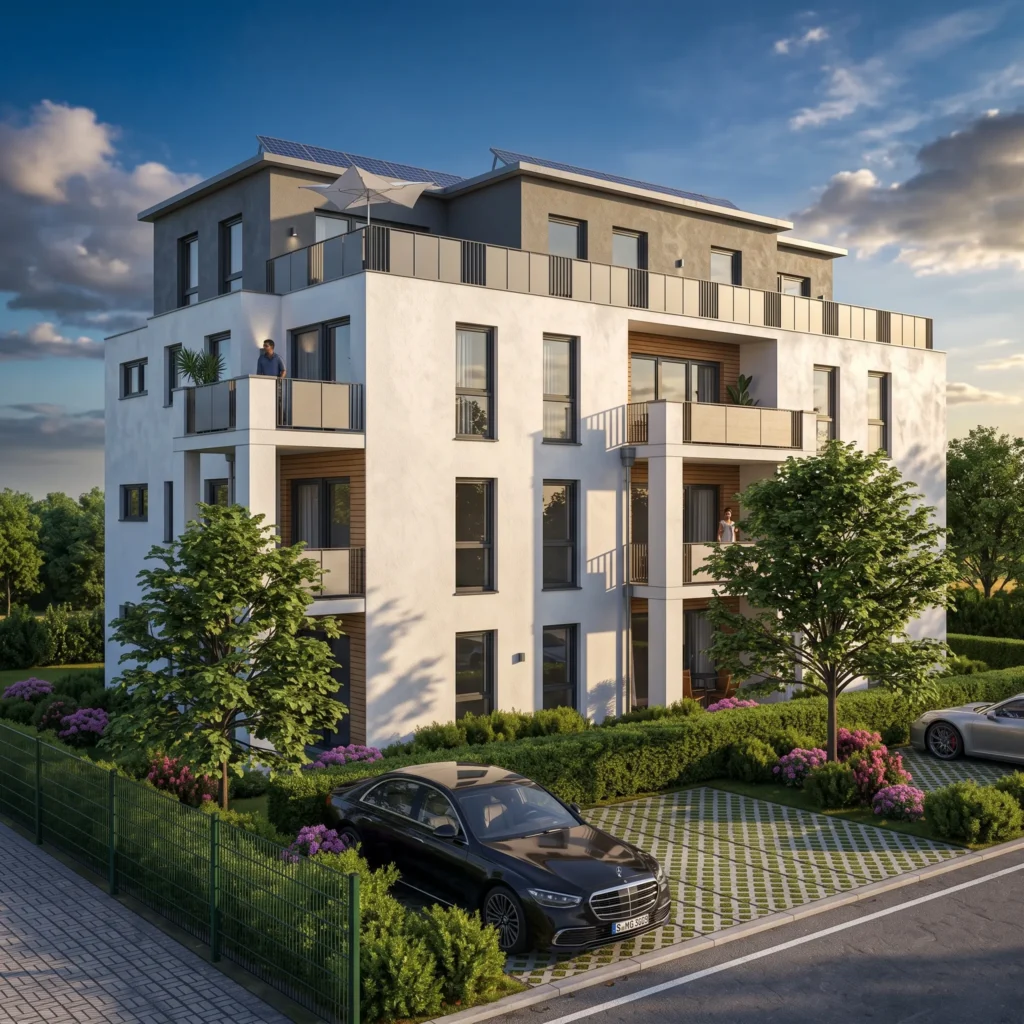 3d visualisierung eines modernen Mehrfamilienhauses mit weißer und grauer Fassade, großzügigen Balkonen und Dachterrasse mit Solarpaneelen. Die gepflegte Außenanlage mit Bäumen, Hecken, Blumen und Stellplätzen wird von warmem Abendlicht stimmungsvoll beleuchtet.