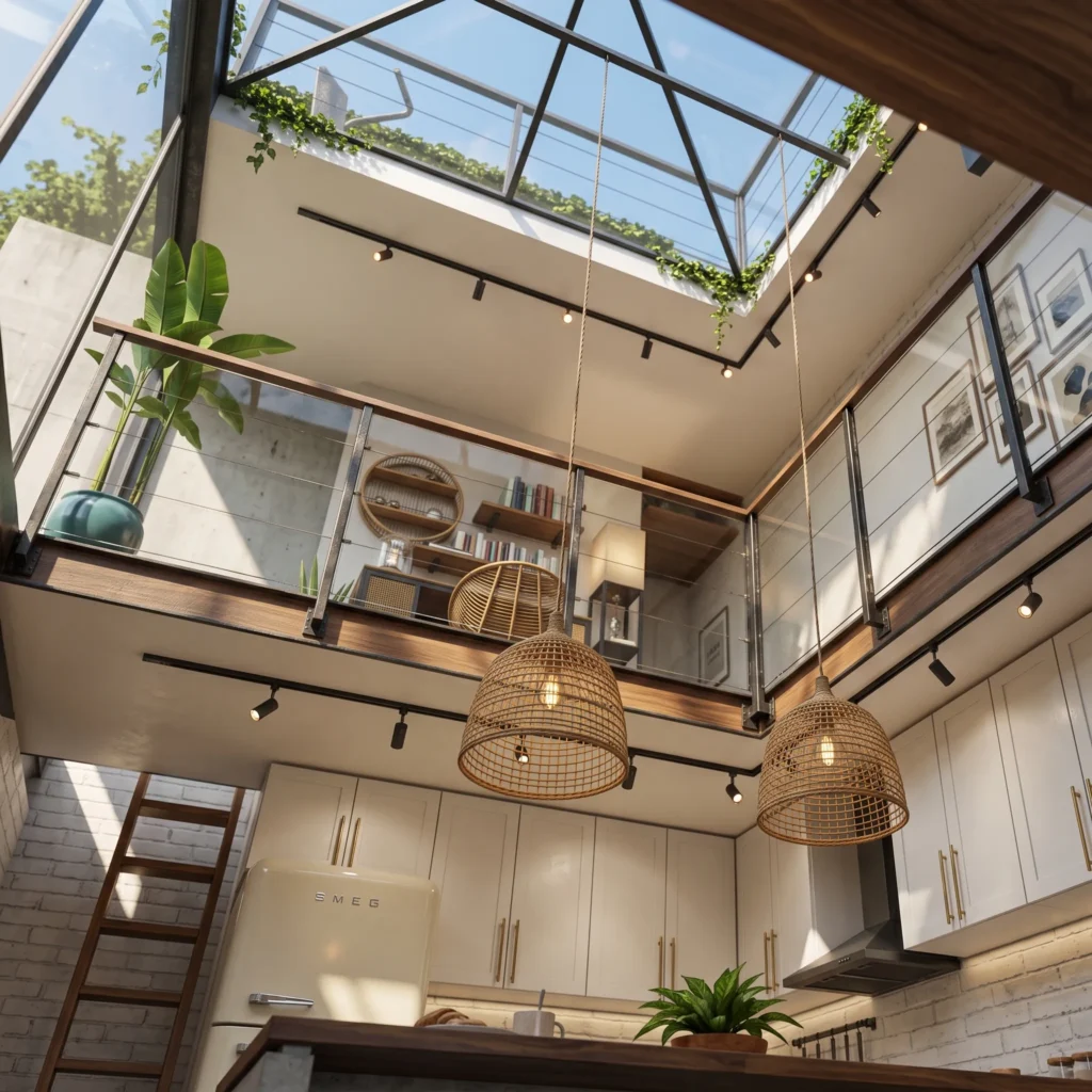 3d visualisierung eines modernen offenen Loft-Interieurs mit hoher Decke, Galerie, großen Glasflächen und verglastem Dach. Warme Holzelemente, weiße Küchenmöbel, Rattan-Pendelleuchten, Pflanzen und viel natürliches Licht schaffen eine helle und wohnliche Atmosphäre.