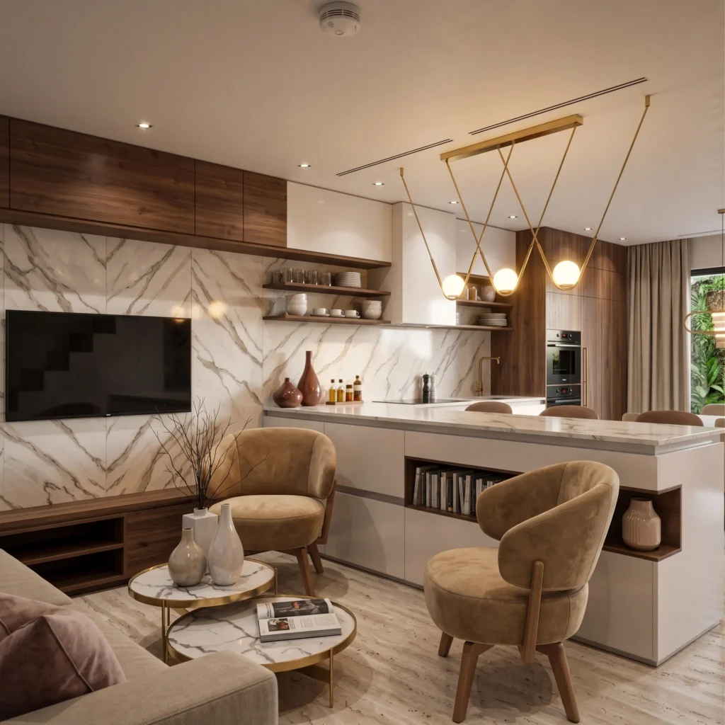 3d visualisierung eines modernen offenen Wohn- und Küchenbereichs im eleganten Skizzenstil mit Marmorflächen, warmen Holzelementen, großzügiger Kücheninsel, dekorativen Pendelleuchten, gemütlichen Sesseln und integriertem TV-Bereich.