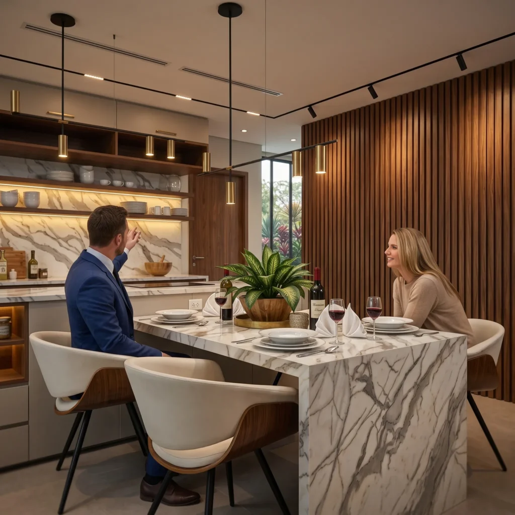 3d visualisierung eines modernen, eleganten Ess- und Küchenbereichs mit großer Marmor-Kochinsel, warmen Holzlamellen, indirekter Beleuchtung und hochwertigen Pendelleuchten. Zwei Personen sitzen am gedeckten Tisch mit Weingläsern und stilvoller Dekoration.