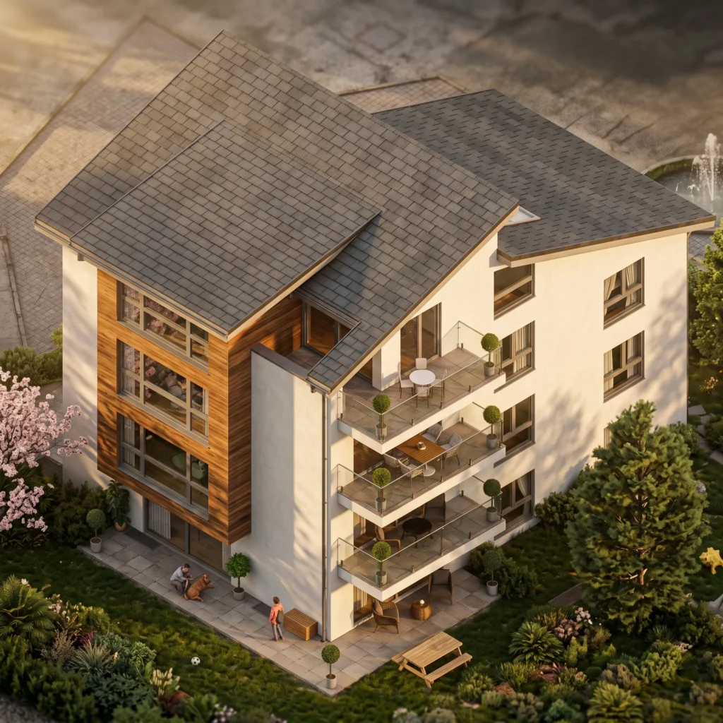 3d visualisierung eines modernen Mehrfamilienhauses aus der Vogelperspektive mit weißer Fassade, warmen Holzverkleidungen, großen Fensterflächen und mehreren Balkonen mit Glasgeländern. Das Gebäude ist von einem gepflegten Garten mit Bäumen, Sträuchern und Sitzbereichen umgeben.