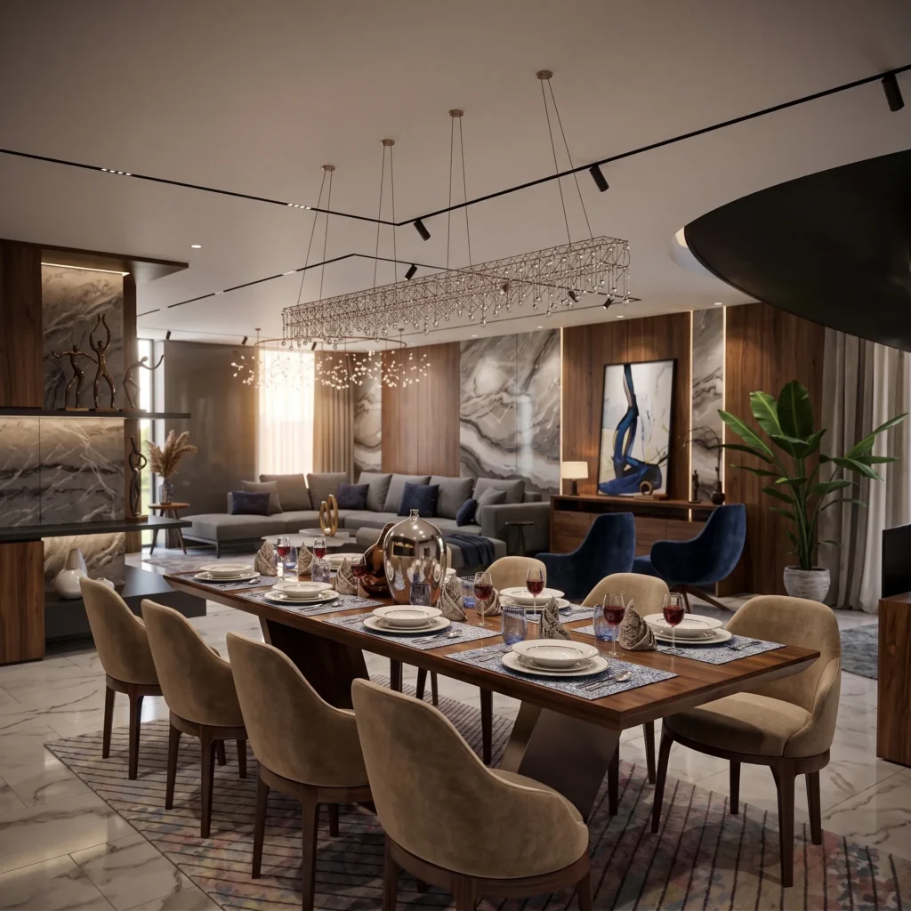 3d visualisierung eines luxuriösen offenen Wohn- und Essbereichs mit großem Esstisch, eleganten Polsterstühlen, dekorativer Pendelleuchte, Marmorflächen und warmen Holzverkleidungen. Im Hintergrund befindet sich ein großzügiges Wohnzimmer mit grauem Ecksofa, Kunstwerken und stilvoller indirekter Beleuchtung.