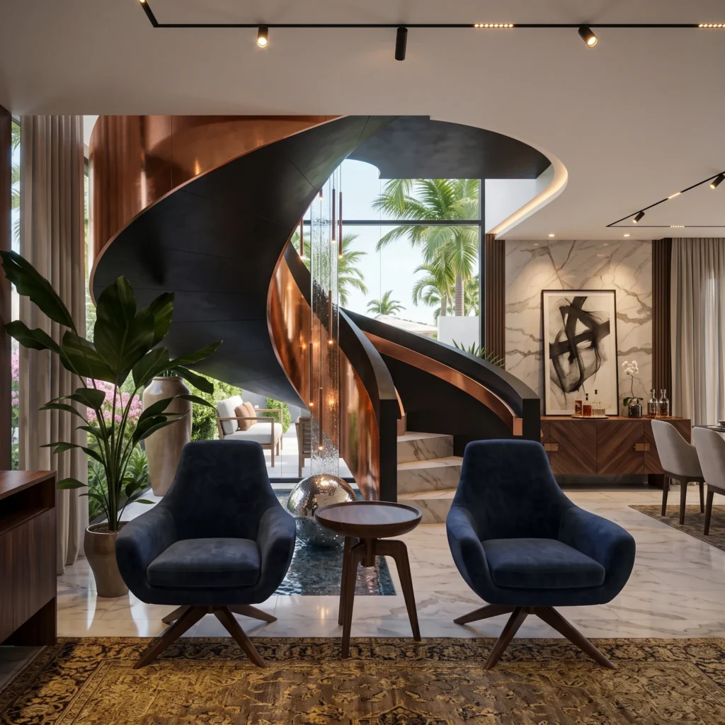 3d visualisierung eines luxuriösen modernen Wohnraums mit skulpturaler Wendeltreppe in Schwarz und Kupfer, großformatigem Marmorboden, eleganten dunkelblauen Sesseln, warmen Holzelementen und großen Fensterflächen mit tropischer Vegetation im Hintergrund.