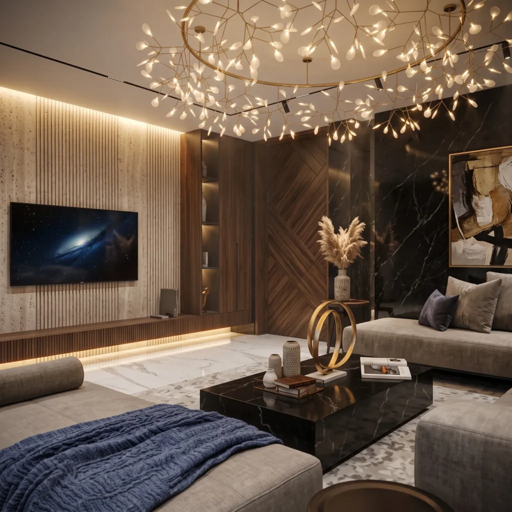 3d visualisierung eines luxuriösen modernen Wohnzimmers mit eleganten Holzverkleidungen, schwarzer Marmorwand, großformatigem Marmorboden, indirekter Beleuchtung und einer außergewöhnlichen dekorativen Deckenleuchte. Graue Sofas, ein schwarzer Couchtisch aus Marmor und goldene Akzente schaffen ein exklusives, hochwertiges Ambiente.